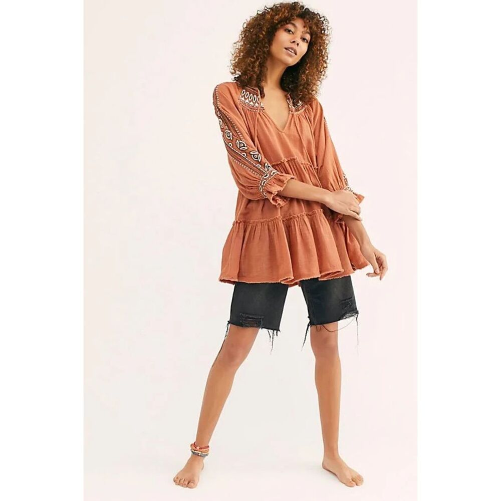 Free People Dreamweaver Embroidered Tunic Mini Dress Terracotta Size XSmall